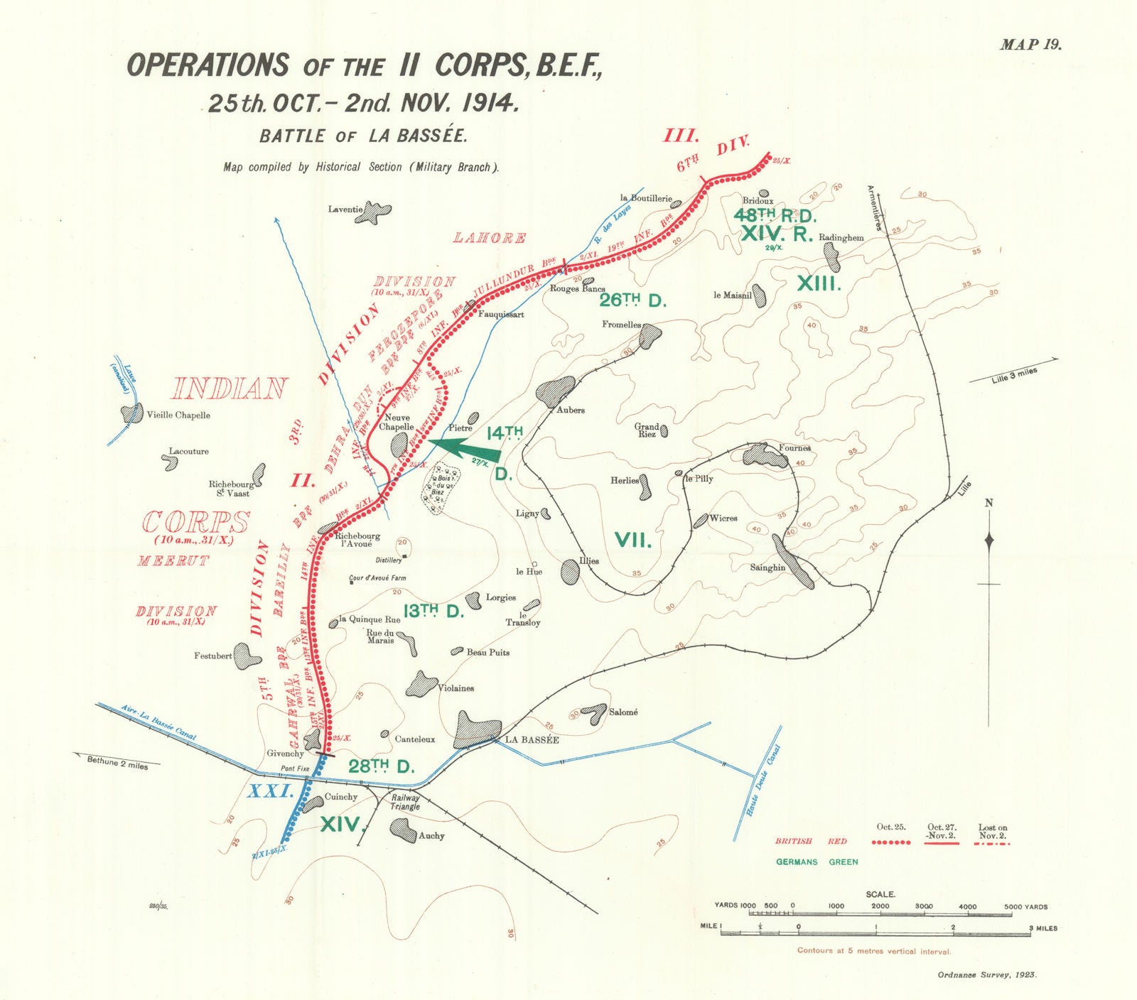 Battle of La Bassée, 25th Oct-2nd Nov 1914. II Corps Ops. WW1. 1933 old map